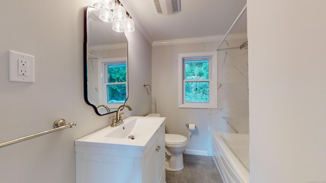full bath featuring crown molding, visible vents, toilet, and vanity