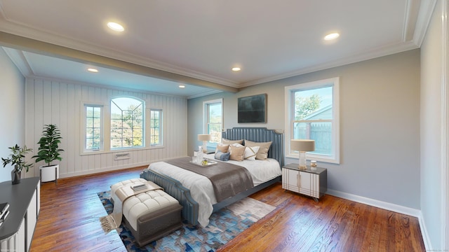 bedroom featuring dark hardwood / wood-style floors and ornamental molding