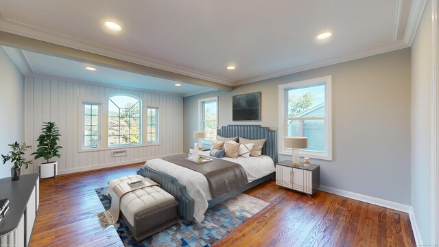 bedroom with crown molding, baseboards, recessed lighting, and wood finished floors