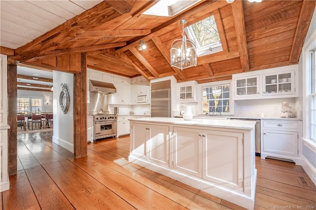 kitchen with white cabinets, range hood, and high quality appliances