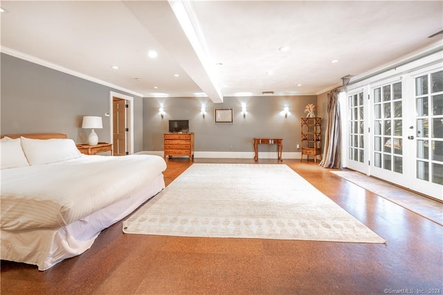 bedroom with french doors, light hardwood / wood-style flooring, beam ceiling, and ornamental molding