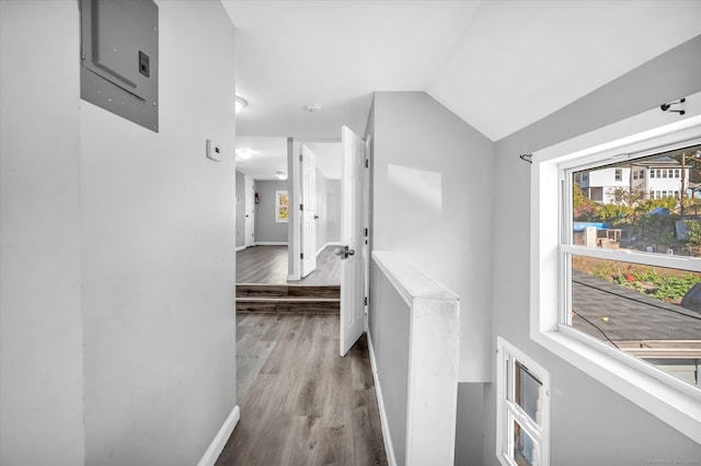 hall featuring lofted ceiling and light wood-type flooring