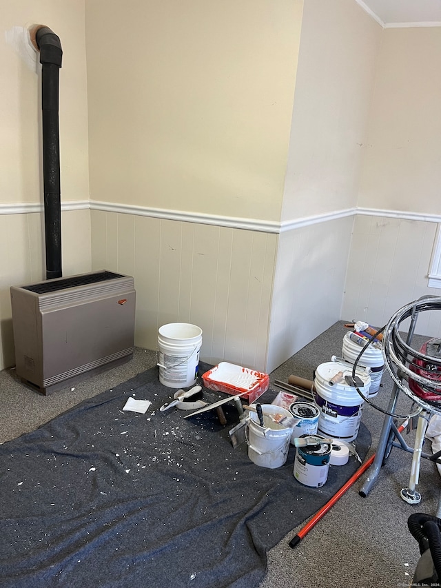 miscellaneous room featuring crown molding, wood walls, a wood stove, and carpet flooring