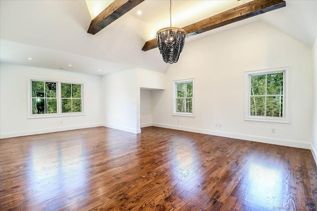 unfurnished living room featuring beamed ceiling, dark hardwood / wood-style flooring, high vaulted ceiling, and an inviting chandelier