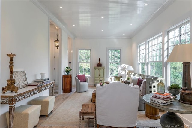 living room featuring crown molding and light hardwood / wood-style floors