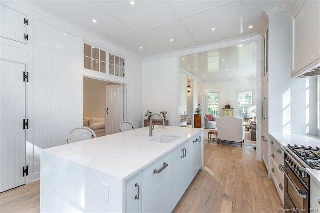 kitchen with light hardwood / wood-style flooring, sink, white cabinets, and a kitchen island with sink