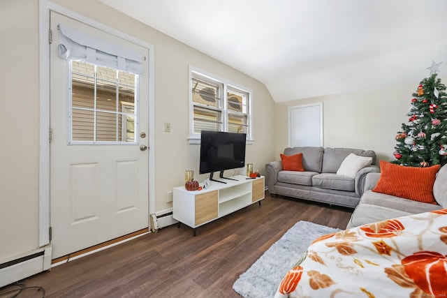 living room with dark hardwood / wood-style flooring, lofted ceiling, and a baseboard radiator