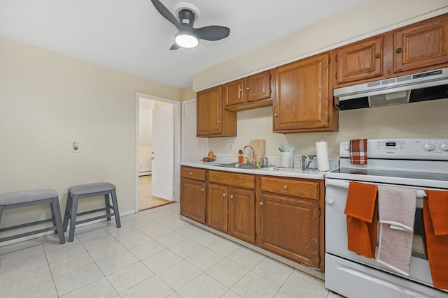 kitchen with ventilation hood, ceiling fan, sink, light tile patterned floors, and white electric stove