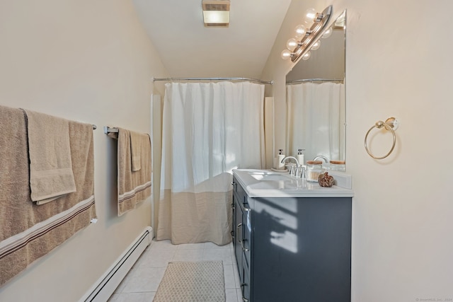 bathroom with tile patterned flooring, vanity, a shower with shower curtain, and a baseboard heating unit