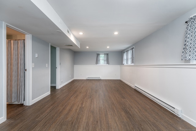 empty room featuring a baseboard heating unit and dark wood-type flooring