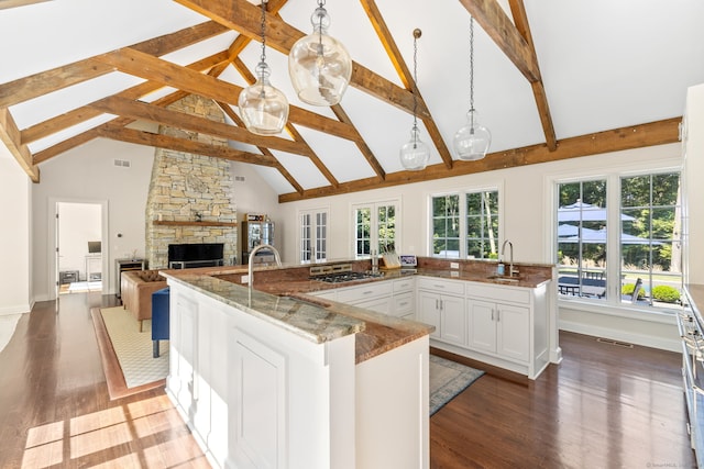 kitchen with a spacious island, a stone fireplace, decorative light fixtures, and a wealth of natural light