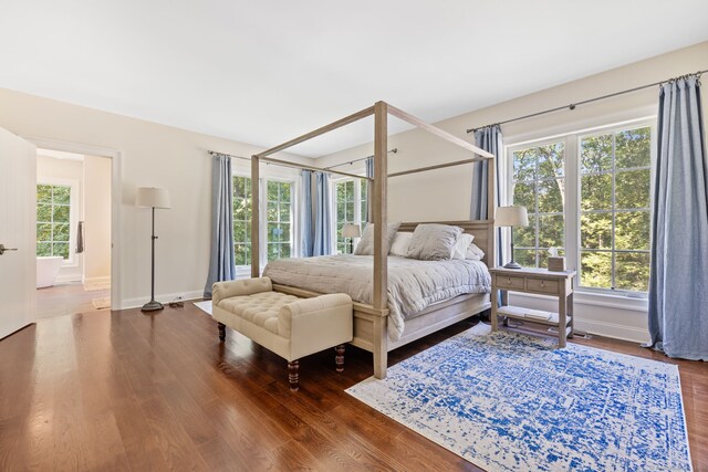 bedroom featuring multiple windows and dark hardwood / wood-style flooring