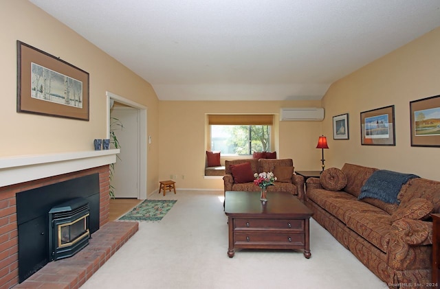 carpeted living room featuring an AC wall unit, a brick fireplace, and lofted ceiling