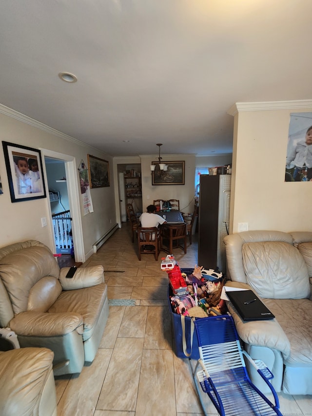 living room with ornamental molding and baseboard heating