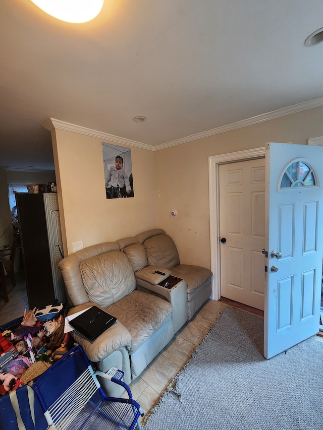 living room with crown molding