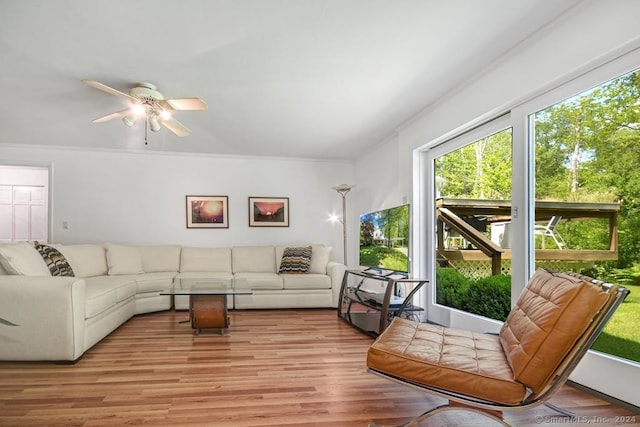 living room with ornamental molding, light hardwood / wood-style floors, and ceiling fan