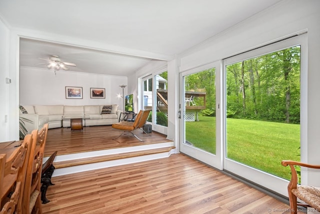 sunroom / solarium featuring ceiling fan