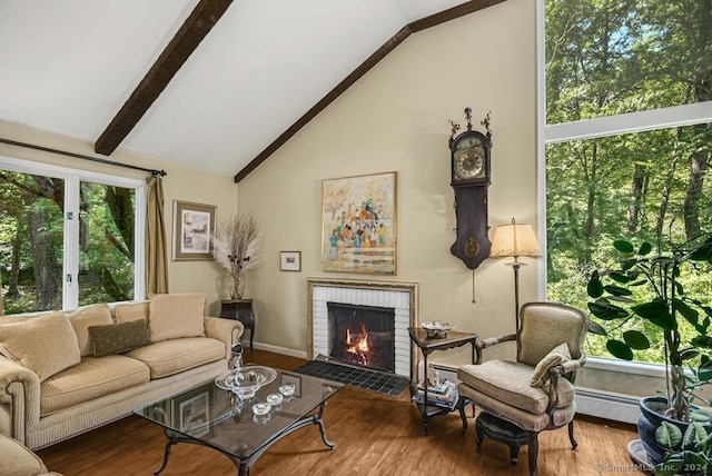 living room with high vaulted ceiling, a fireplace, hardwood / wood-style floors, and beam ceiling