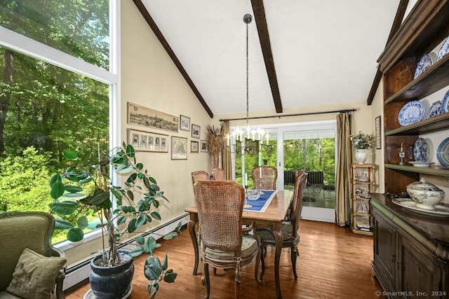 dining space with a baseboard radiator, high vaulted ceiling, a notable chandelier, and dark hardwood / wood-style flooring