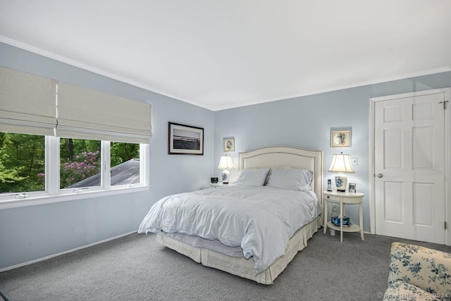 carpeted bedroom with crown molding