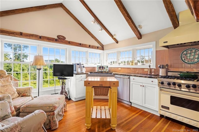 kitchen with white cabinetry, stainless steel appliances, extractor fan, and tasteful backsplash