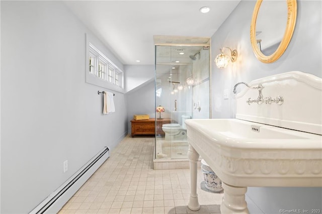 bathroom featuring a baseboard radiator, tile patterned floors, a shower with shower door, and sink