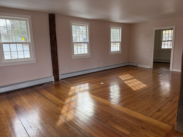 unfurnished room with a healthy amount of sunlight, dark hardwood / wood-style floors, and a baseboard heating unit