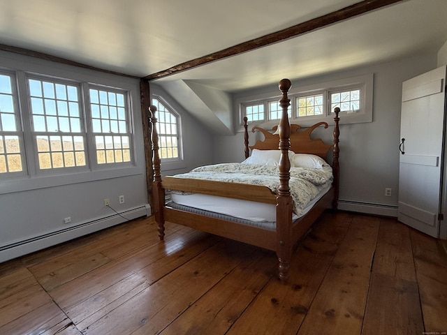 bedroom featuring dark wood-type flooring and baseboard heating