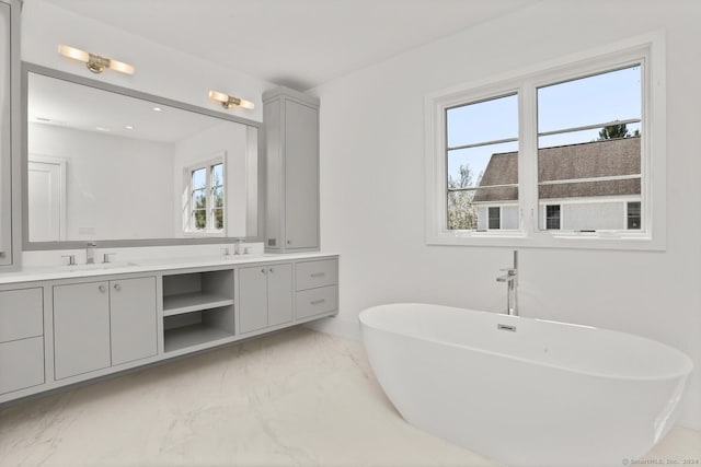 bathroom featuring vanity, a bathtub, and a healthy amount of sunlight