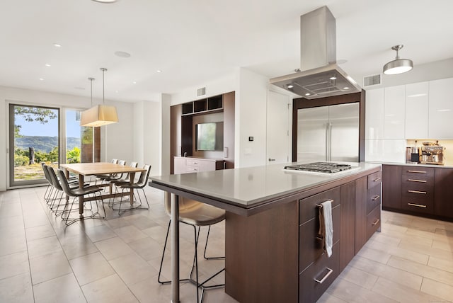 kitchen featuring pendant lighting, a center island, white cabinets, island exhaust hood, and stainless steel appliances