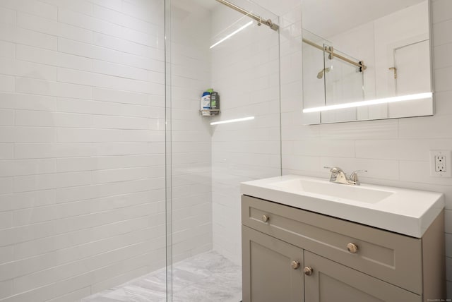 274 Joshuatown Rd, Lyme, CT 06371 - full bath with a tile shower, vanity, and tile walls