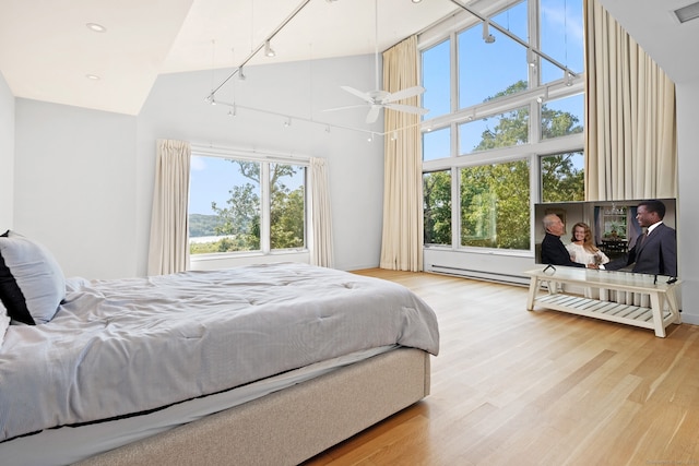 bedroom featuring high vaulted ceiling, light wood-type flooring, multiple windows, and track lighting