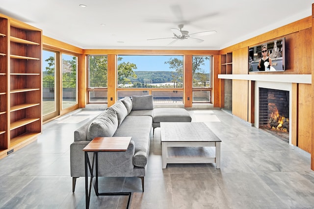 living room with ceiling fan