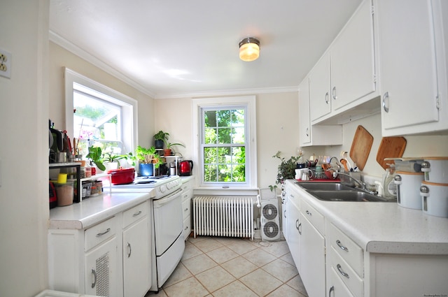 kitchen with radiator, ornamental molding, sink, white cabinetry, and white range