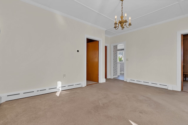 spare room featuring carpet flooring, baseboard heating, and a notable chandelier