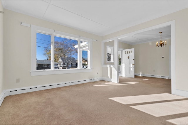 unfurnished living room with baseboard heating, carpet, and a notable chandelier