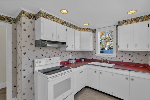 kitchen featuring light carpet, crown molding, sink, electric range, and white cabinetry