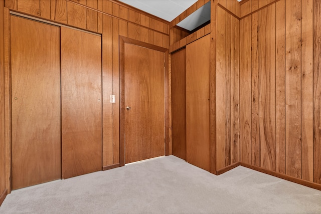 interior space with carpet floors and wood walls