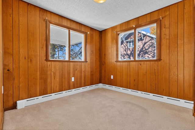 carpeted empty room with a textured ceiling and wood walls