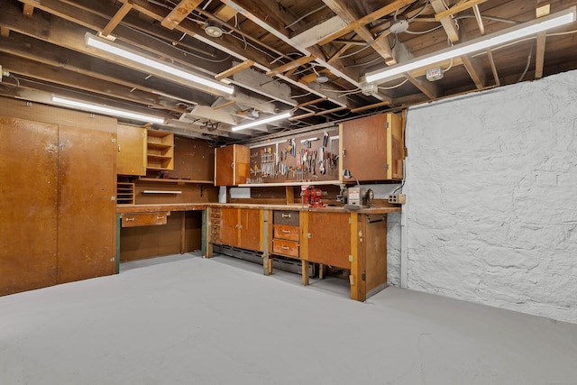 basement with a workshop area