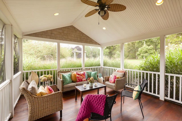 sunroom / solarium featuring ceiling fan, wood ceiling, and lofted ceiling