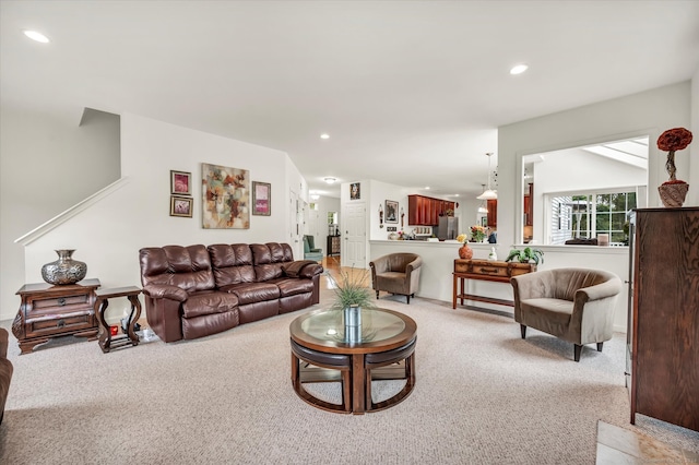 living room featuring light colored carpet