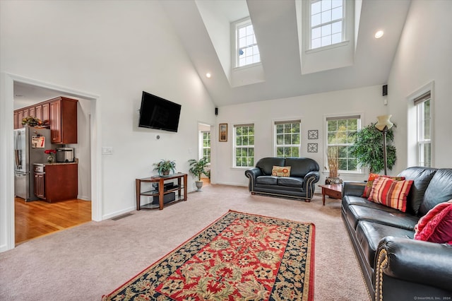 carpeted living room with high vaulted ceiling