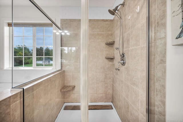 bathroom featuring a shower with shower door