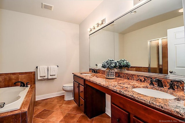 full bathroom featuring tile patterned flooring, shower with separate bathtub, vanity, and toilet