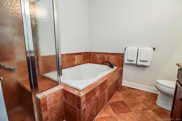 full bathroom with tile patterned flooring, vanity, toilet, and plus walk in shower