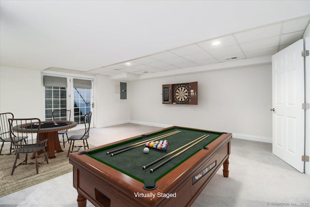 playroom featuring pool table, light colored carpet, electric panel, and a drop ceiling