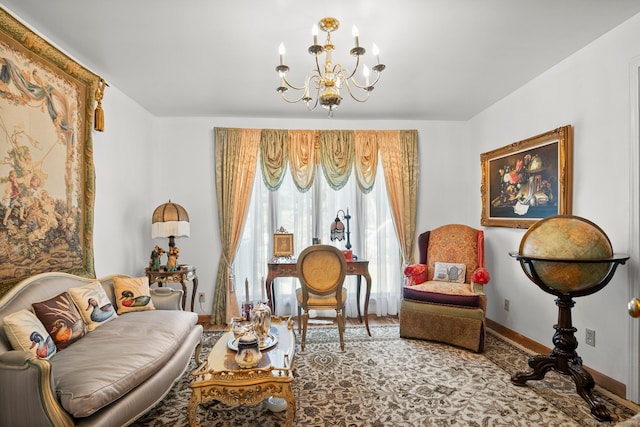 living room with a notable chandelier