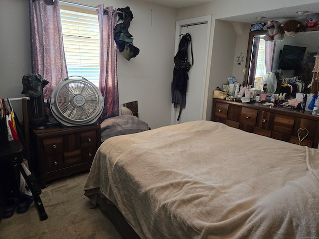 bedroom featuring light colored carpet and a closet