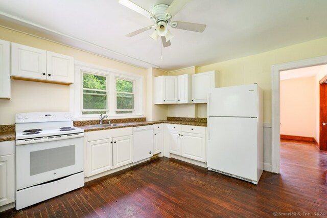 kitchen with dark wood-type flooring, white cabinets, white appliances, ceiling fan, and sink